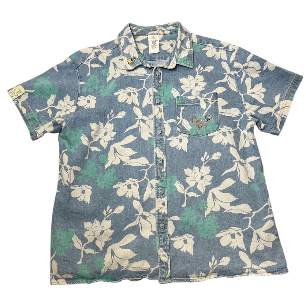 Disney Princess Tiana Men’s Button Down Denim Hawaiian Floral Adult Shirt SZ L